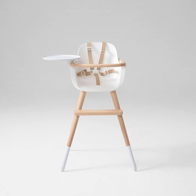 Chaise-haute Ovo One Luxe Bois Blanc harnais similicuir Beige MICUNA