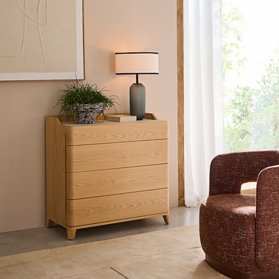 Junius Chest of Drawers in Oak Veneer and Leather, Designed By Emmanuel Gallina AM.PM X EMMANUEL GALLINA