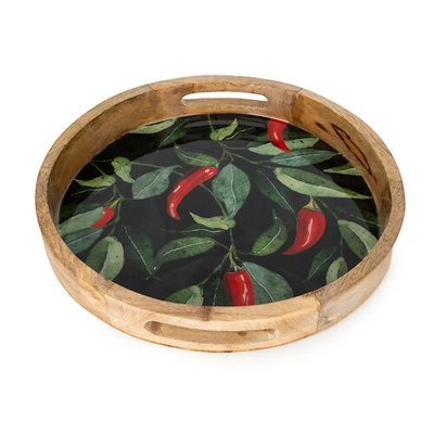 30cm 'Chillies' Mango Wood Round Tray SO'HOME