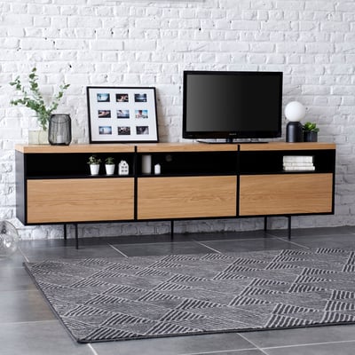 Meuble TV bas moderne en bois et métal 3 portes L220 - BRIGHTON HELLIN, DEPUIS 1862