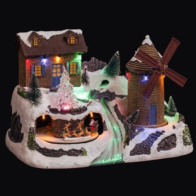 Village lumineux moulin à vent et père noël musical à mouvement 15 LED ATMOSPHERA