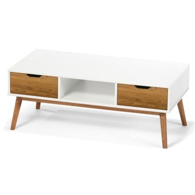Table basse rectangulaire 1 casier et 2 tiroirs blanc et bois 110x55x42.5cm WADIGA