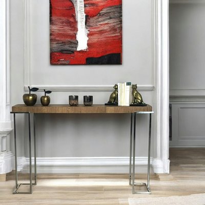Console d'entrée moderne en bois plateau revêtement chêne et pieds en métal 133 cm RIVERSIDE PIER IMPORT