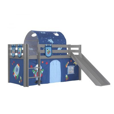 Lit Enfant Surélevé Avec Toboggan Gris + rideau et tunnel de lit+ 3 pochettes Space VIPACK