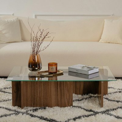 Table basse verre déstructurée – base effet bois noyer SALTA PIER IMPORT