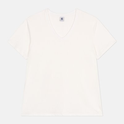 Le Droit T-Shirt in Plain Cotton with V-Neck PETIT BATEAU