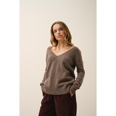 Pull Col V 4 Fils Taupe Chiné Cassie JUST CASHMERE