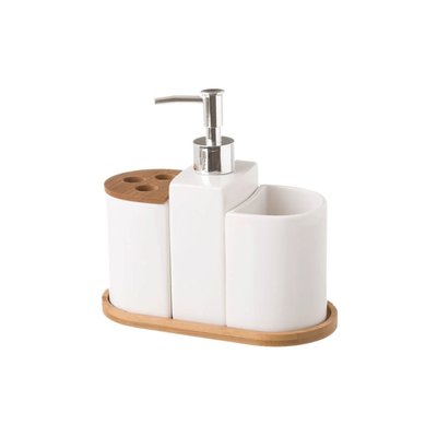 Set Salle de Bain Céramique et Bambou - Distributeur Savon, Verre, Porte Brosse à Dents WADIGA