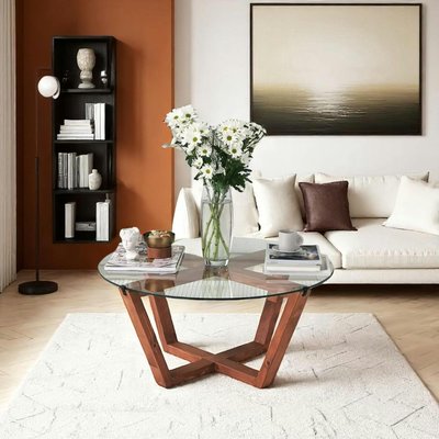 Table basse ronde verre et bois brun  - pieds croisés ANZIO PIER IMPORT