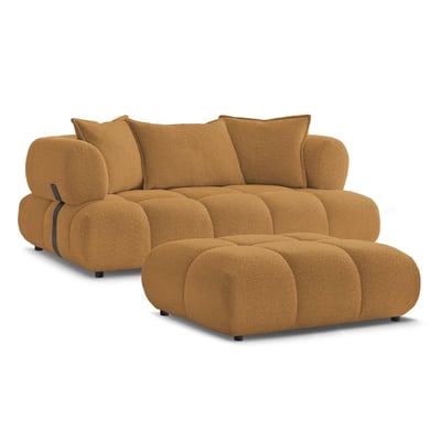 Canapé droit fixe 2 places en tissu bouclette avec pouf, ALYA BOBOCHIC