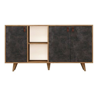 Buffet 3 portes et 2 niches décor chêne et anthracite L140 cm - PLANKY CALICOSY