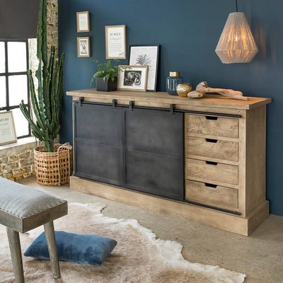 Buffet en bois de manguier brossé et métal gris foncé 4 tiroirs  HELSINKI MADE IN MEUBLES 