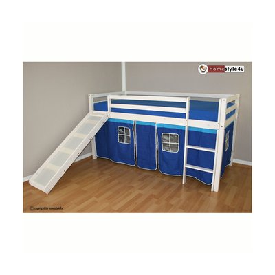 Lit Simple Blanc 90x200 en hauteur avec echelle et rideau bleu et toboggan HOMESTYLE4U