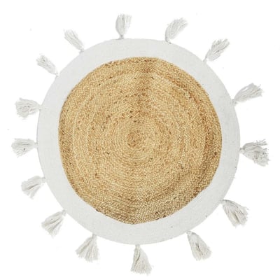 Tapis rond jute pompons blanc D80 DECORATIE