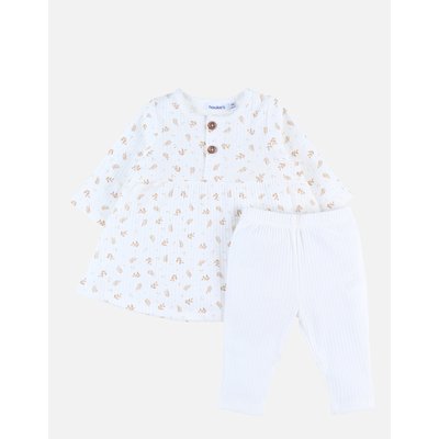Ensemble robe imprimé végétal + legging en jersey côtelé, écru/caramel NOUKIE'S