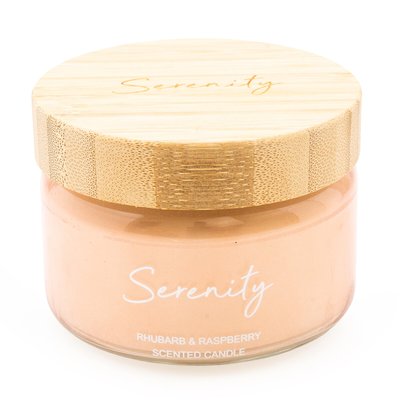 Serenity Small Glass Candle with Bamboo Lid in Pink Rhubarb & Raspberry Scent SO'HOME