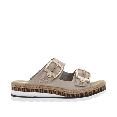 Mules en cuir beiges à talon compensé bas et à sangles à grandes boucles RIEKER