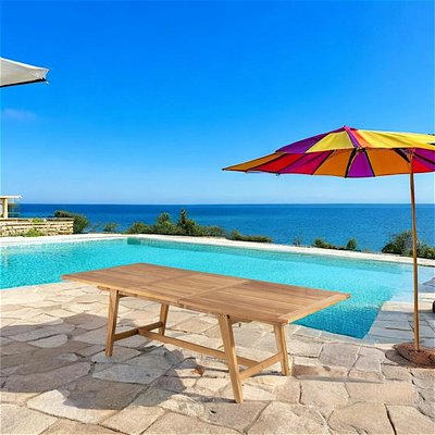 Table de jardin extensible rectangulaire en bois de teck pieds tréteaux 180/240x100cm SUMMER 10 personnes PIER IMPORT
