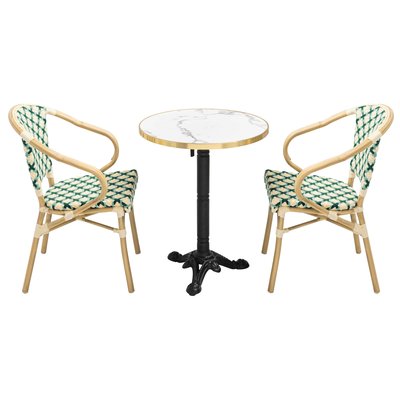 Table de jardin carrée en contreplaqué avec bord en aluminium ⌀60 cm et 2 chaises style bistrot parisien, MONTMARTRE OVIALA
