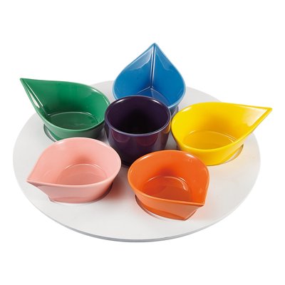 Service Apéritif 6 Pièces Champêtre - Plateau Bambou + Porcelaine Décorée - 31x31 Cm