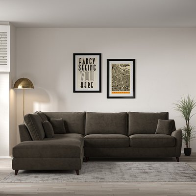 Amelia Velvet Corner Sofa & Modular Footstool Set with Dark Wood Legs (Left Facing) SO'HOME