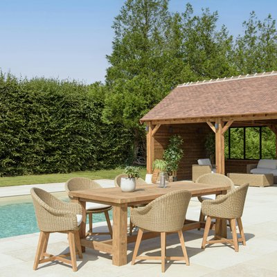 Salon de jardin teck naturel 1 table pieds droits 220 cm + 6 fauteuils arrondis résine tressée MANY PIER IMPORT