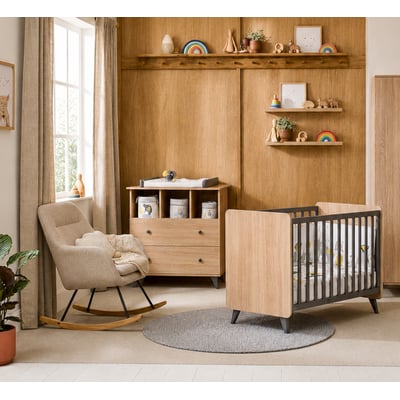 Chambre bébé duo: Lit bébé 60x120 et commode à langer 2 tiroirs décor bois chêne SAUTHON