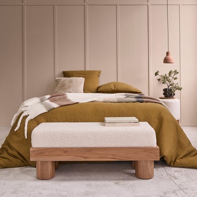 Banc en bois de teck et tissu bouclette 100 cm  THÉODORE BERAH GETAH