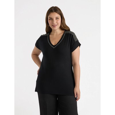 T-shirt en viscose LENZING™ ECOVERO™ avec broderie de FIL ethnique sur les manches et autour du col en V FIORELLA RUBINO