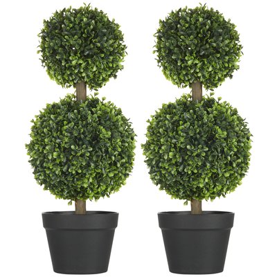 Lot de 2 buis artificiel double boules avec tronc et pot inclus HOMCOM