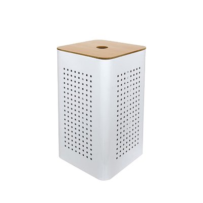 Panier à linge en métal blanc avec couvercle bois GELCO