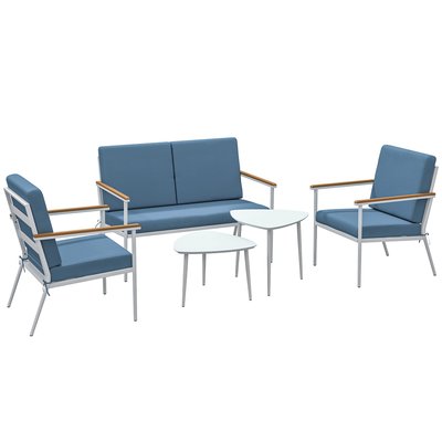 Salon de jardin 4 personnes 5 pièces 2 tables basses gigognes coussins bleu OUTSUNNY