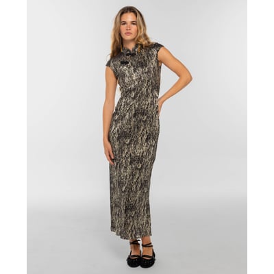 Robe midi style qipao plissée noire et dorée avec col mao THE-ARE