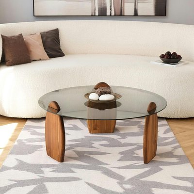 Table basse ronde en verre fumé - 3 pieds bois brun ANZIO PIER IMPORT
