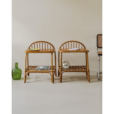 Paire de tables de chevet en bambou et rotin Odile N°1427 - Bon état DEBONGOUT