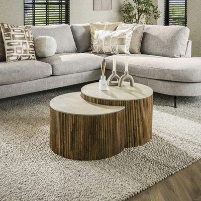 Table basse en bois de manguier et céramique, forme lune (lot de 2) ASCOLI PIER IMPORT