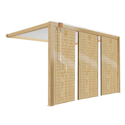 Pergola bioclimatique adossée 3 x 4 m en aluminium blanc décor bois avec 1, 2 ou 3 claustras, SAPRI OVIALA