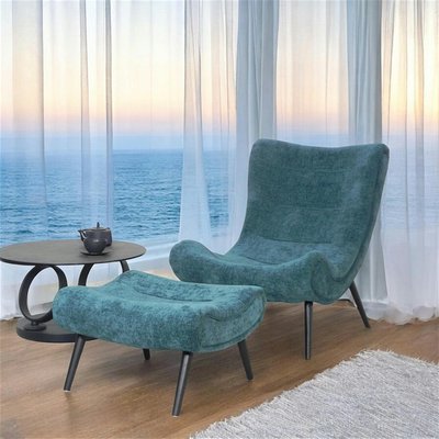 Fauteuil et pouf assortis tissu bleu pétrole MALMOE PIER IMPORT