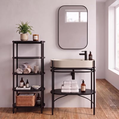 Meuble simple vasque sur pieds 80cm en métal noir et vasque béton et robinet noir, miroir et colonne MOB IN