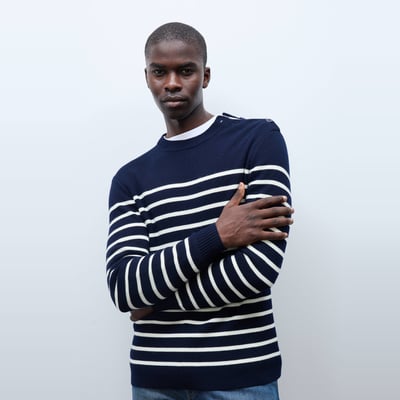 Pull col rond boutonné rayée contenant de la laine MONOPRIX