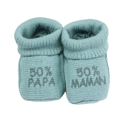 Chaussons naissance - message :  50% maman 50% papa TROIS KILOS SEPT