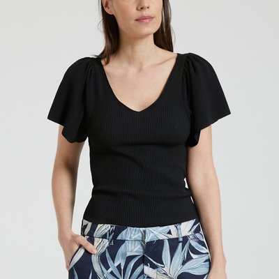 Gerippter Cropped-Pullover mit V-Ausschnitt ONLY PETITE