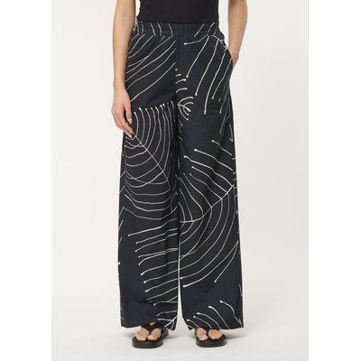 Pantalon noir large à imprimé feuille taille élastiquée HUMILITY
