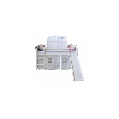 Lit mezzanine 90x200 avec toboggan + echelle + rideau et tunnel gris etoiles HOMESTYLE4U