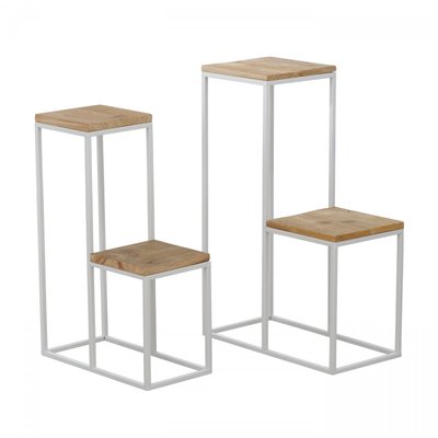 Set de 2 Supports Pots Plantes Étagés en Métal Blanc et Bois WADIGA