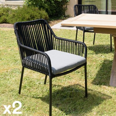 Fauteuil de jardin cordage noir 1 coussin gris anthracite (lot de 2) GIJON PIER IMPORT