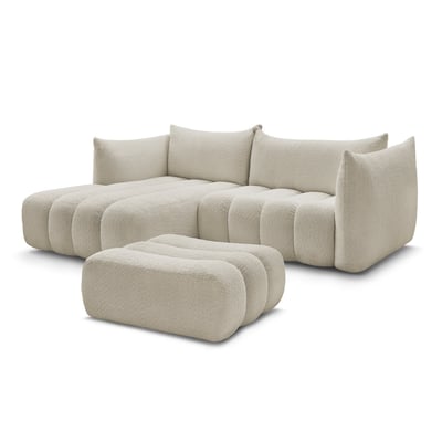 Canapé d'angle fixe 3 places en tissu bouclette avec pouf, AZRA BOBOCHIC