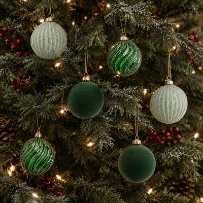 Set of 6 Heritage Noel Mixed Green baubles SO'HOME