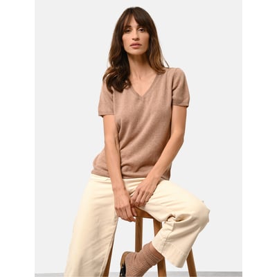 T-Shirt Col V Camel Chiné Glamis JUST CASHMERE