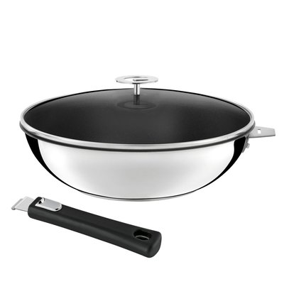 Wok 28cm avec revêtement céramique, couvercle et poignée noire - MALICE CUISINOX